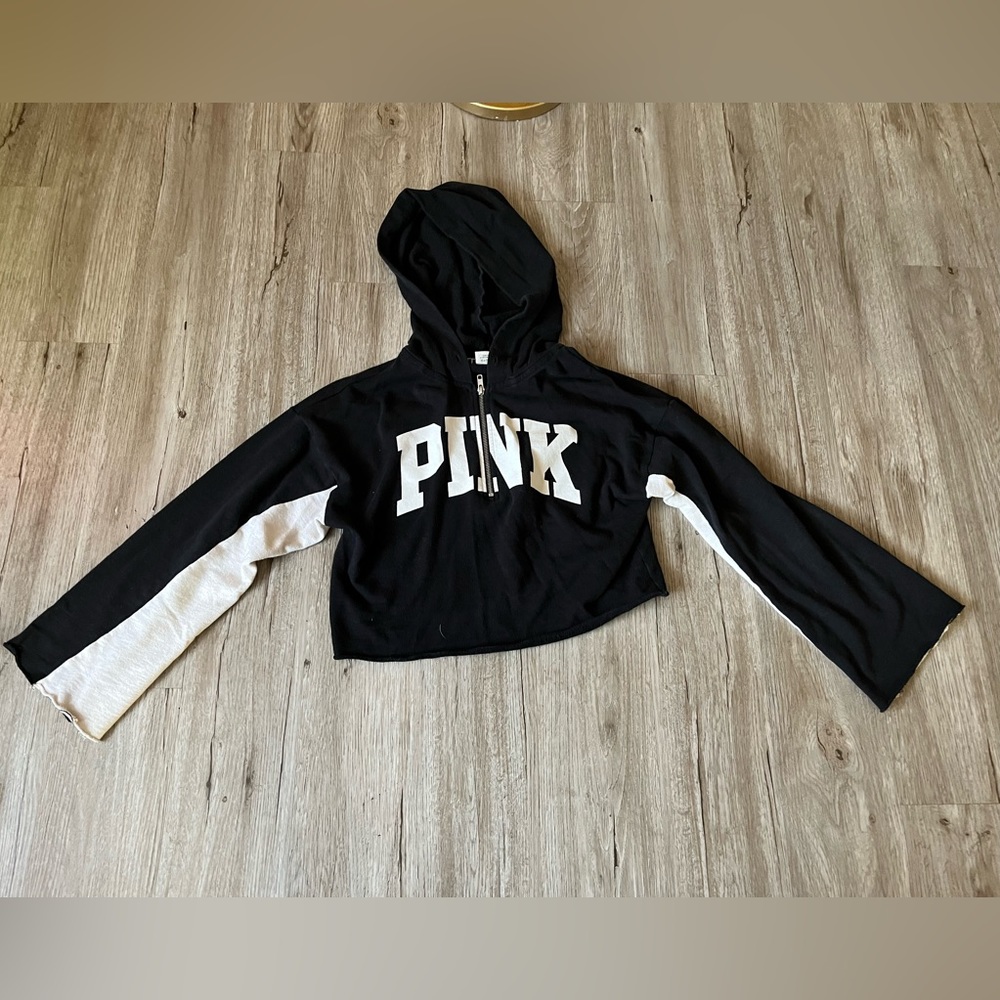 Pink Victoria secret black and white hooded cropped